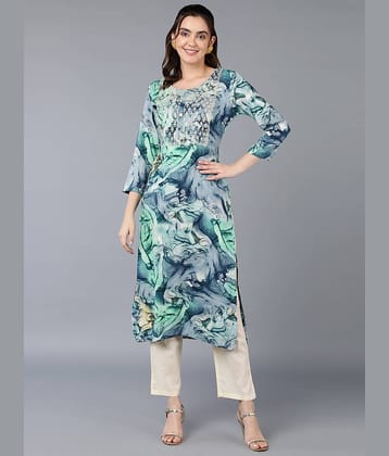 Vaamsi Cotton Blend Embroidered Straight Women's Kurti - Turquoise ( Pack of 1 )