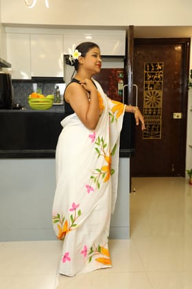 SunBloom-Handpainted Mul Cotton / Floral Painted White / Mul Cotton