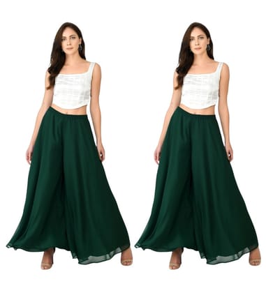 Generic Women's Georgette Solid High-Rise Wide Leg Flared Palazzo Pants with Elastic Waist, Ankle Length Trousers for Daily, Office and Casual Wear (Bottle Green, S, Pack of 2, Design 67542)