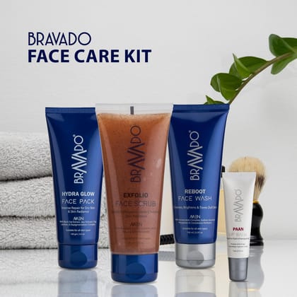 Bravado Personal Grooming 4 -In -1 Face Care Combo Kit - Pack contain - Reboot Facewash, Exfolio Face Scrub, Hydra Glow Face Pack, Lip Balm Paan -259g (Set of 4 Products)