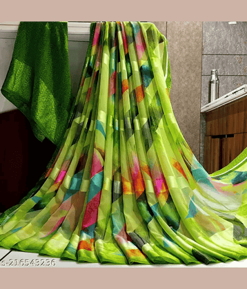 Sitanjali Georgette Printed Saree With Unstitched Blouse Piece ( Green )