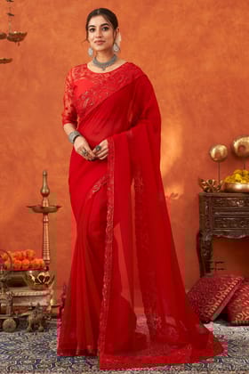 Red Embroidered Chiffon Saree