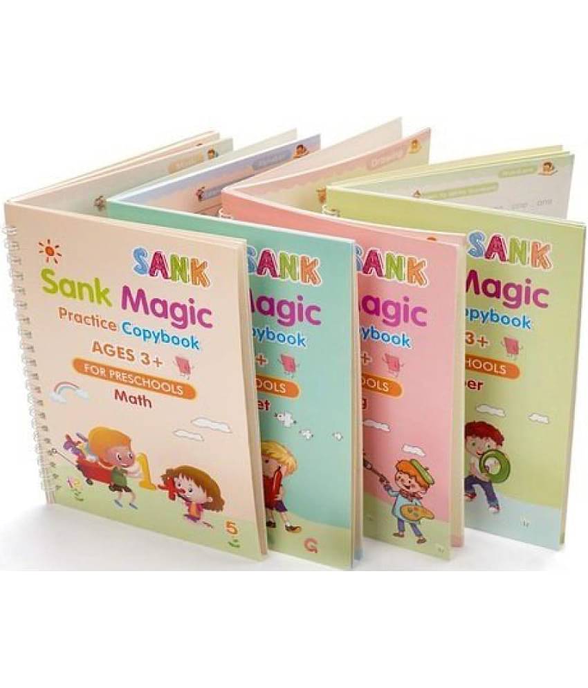 Sank Magic Practice Copybook, Number Tracing Book For Preschoolers With Pen, Magic Calligraphy Copybook Set Practical Reusable Writing Tool Simple Hand Lettering (4 Books + 10 Refills + 1 Pen + 1 Grip) - magic book, magic practice book
