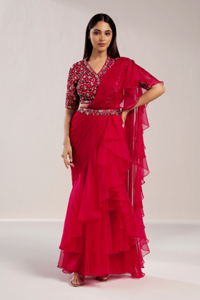 NAVRATAN FUCHSIA RUFFLE SAREE-XS