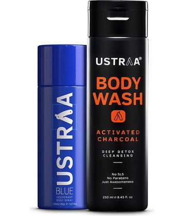 Ustraa Blue Deodorant - 150ml & Body Wash Activated Charcoal - 200gm
