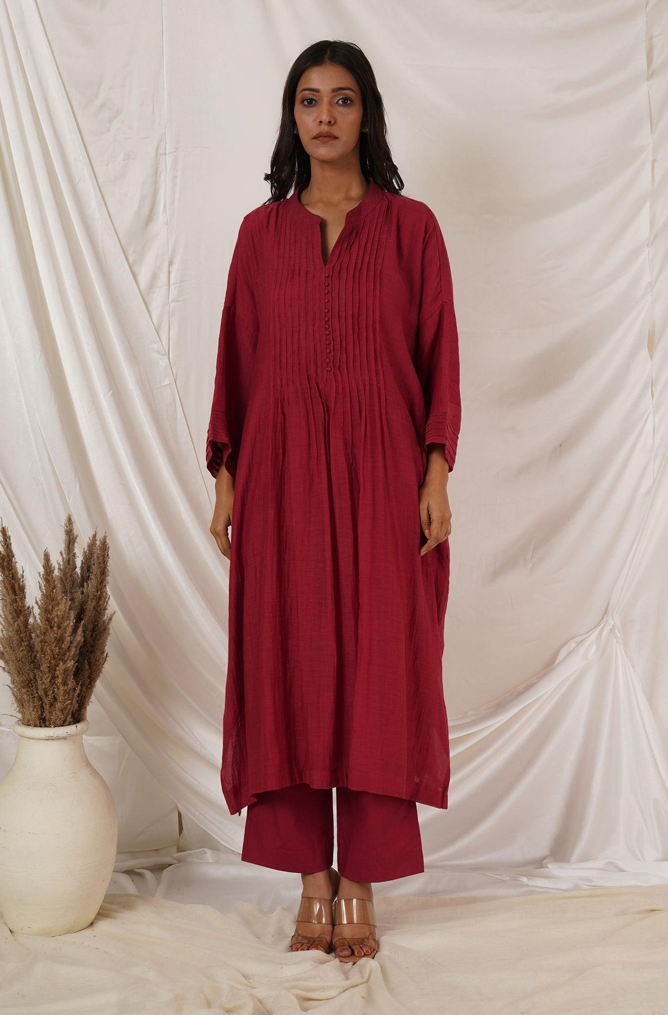 Maroon Pintuck Kaftan Co-ord Set-XL