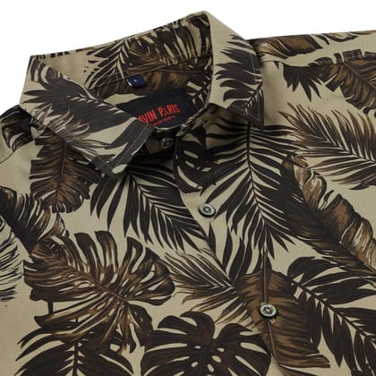 Half Sleeve Slim Fit Shirt - Beige with Brown Tropical Leaf Pattern (GP038)-S-36 / Half Sleeve