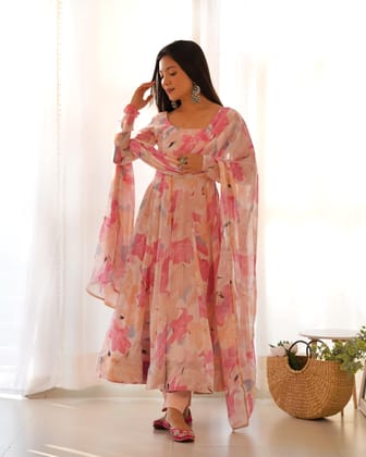 Pure Fox Georgette Multi Floral Print, Fully Flared with Dupatta Set and Pants – Ready to Wear-xs