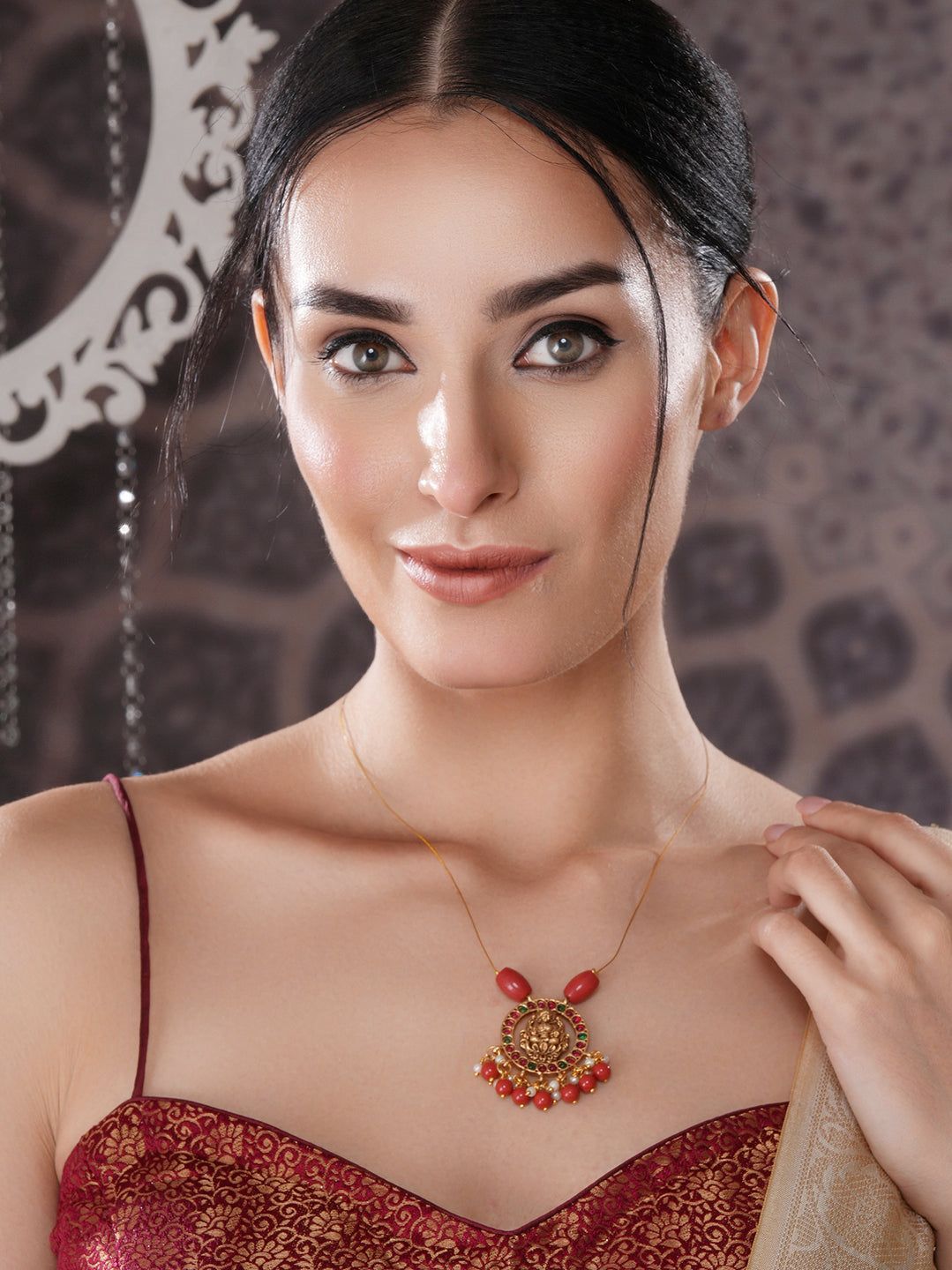 Gold Plated Coral Beaded Temple  Lakshmiji Minimal Invisible Necklace & Chain