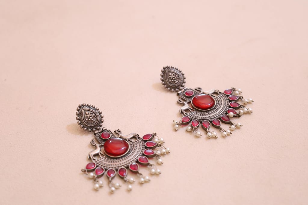 Vintage Style Oxidized Silver Earrings with Red Stones, Pearl Drops and Deer Motif, Traditional Indian Design