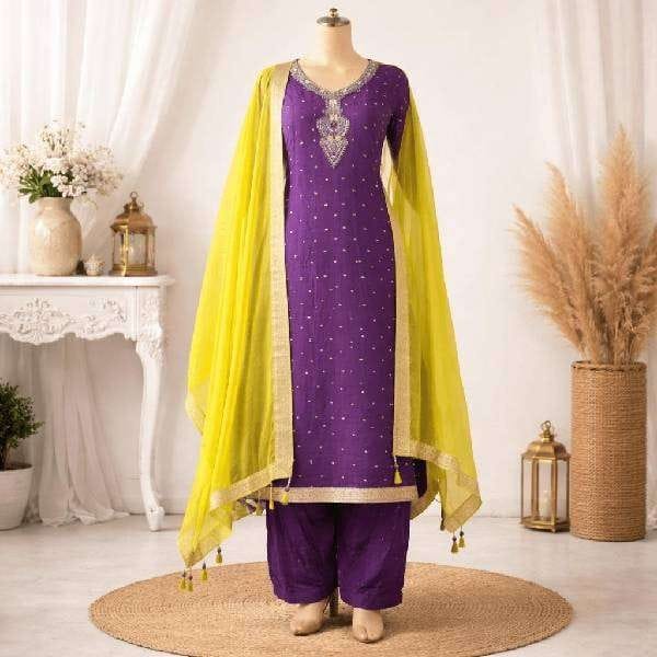 Ethnic Purple Tissue Suit with Contrast Organza Zari Dupatta