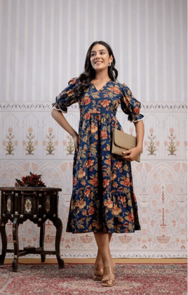 Blue & Red Floral Screen Print 3-Tier Cambric Cotton Dress.