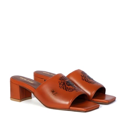 Customized Laser Initial Tan Leather Blocked Heel Sandal-36/3