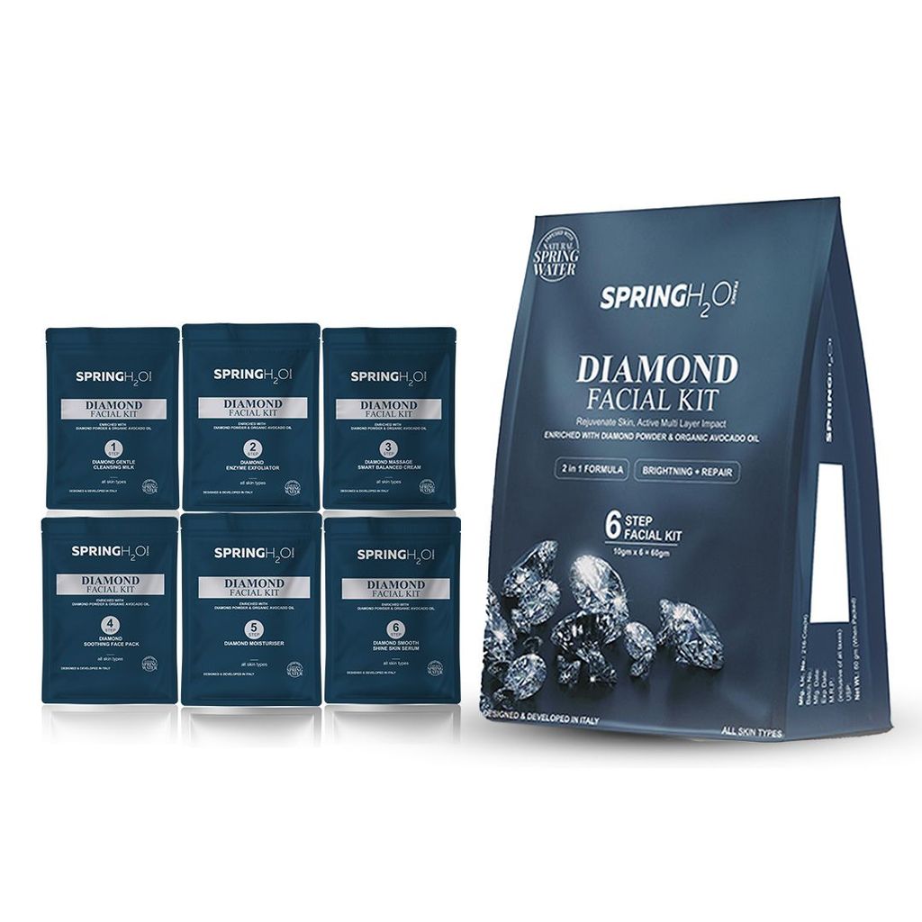 Spring H2O Diamond Facial Kit - Rejuvenate Skin, Active Multi Layer Impact, Enriched with Diamond Powder & Organic Avocado Oil, 2 in 1 Formula, Brightening & Repair, 6 Step Facial Kit 60gm
