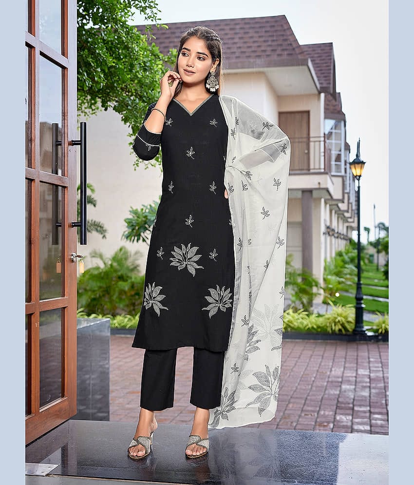 Royal Export Cotton Embroidered Kurti With Pants Women's Stitched Salwar Suit - Black ( Pack of 1 )