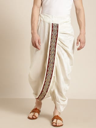 Sojanya (Since 1958), Men's Silk Blend Cream Embroidery Stitched Dhoti-Onesize / Cream