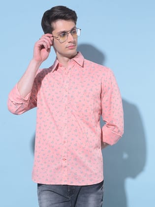 Peach Floral Printed 100% Cotton Shirt-M / Peach