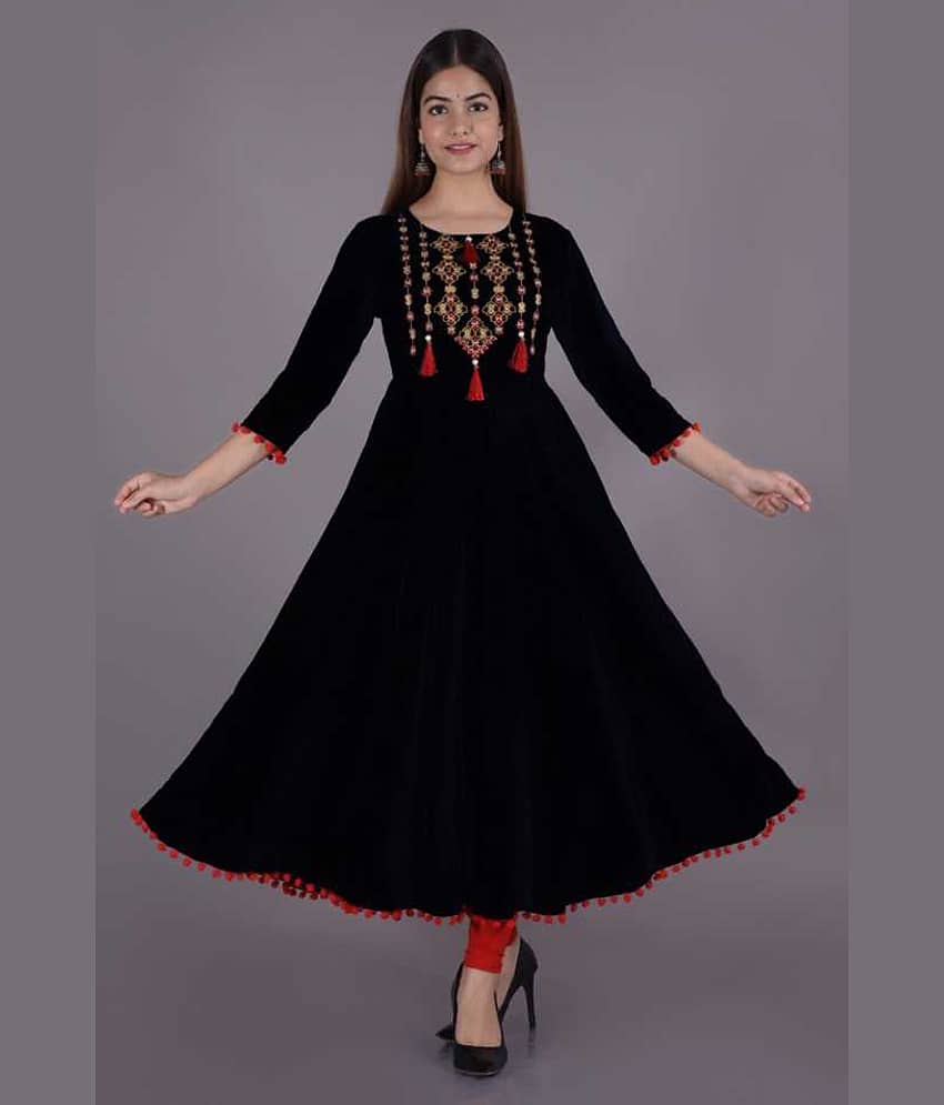 SHREE JEE FABRICS Pack of 1 Rayon Embroidered Anarkali Women's Kurti - ( BLACK )