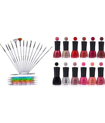 Looks United 15 Nail Art Brushes 5 Dotting Tools And 12 Nail Lacquers ( Pack of 30 )