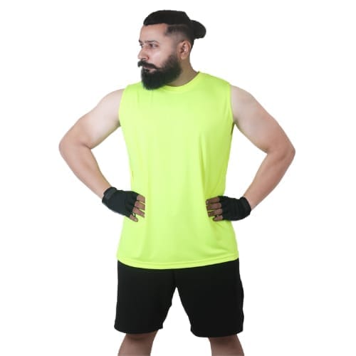 Men's Gym Sleeveless T-Shirt Neon Yellow - Drifit, Quick Dry Sports Tank Top, Sando Vest