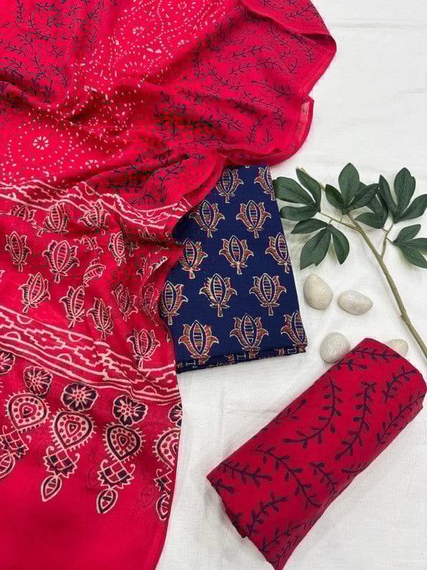 Pure Cotton Unstitched Suit With Cotton Dupatta