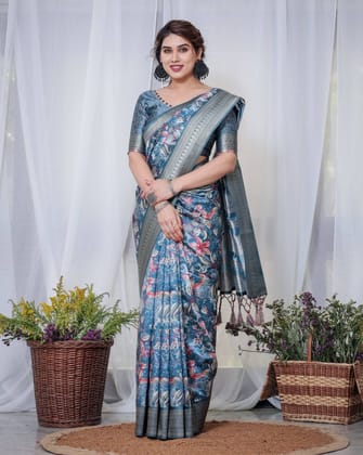 Enchanting Blue Banarasi Silk Saree with Multicolor Floral Weaves and Luxurious Zari Pallu with Tassels-Regular