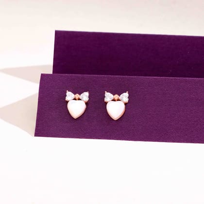 Twinkle Love Blushing Heart Bow Earrings-White Stone / Rose Gold