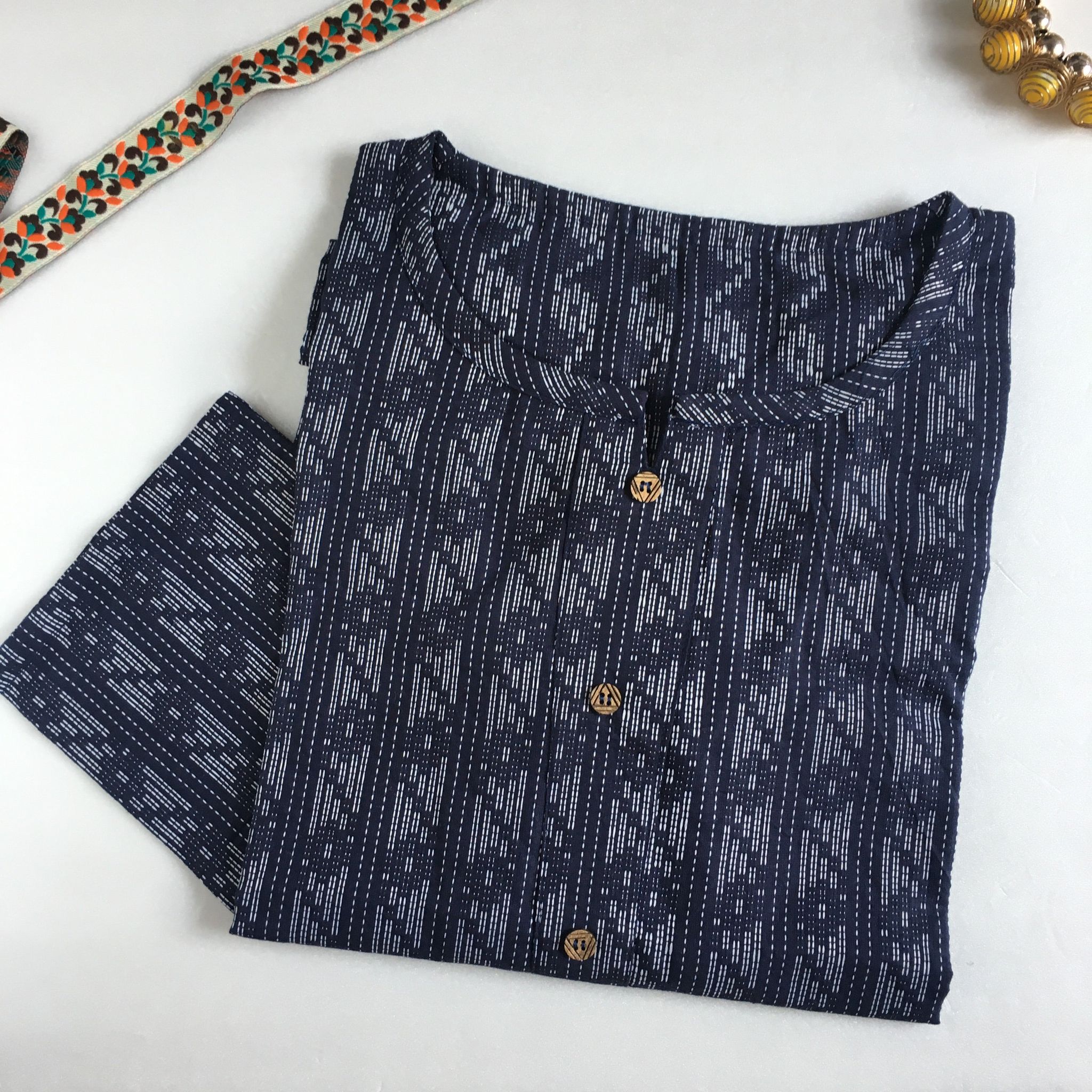 Katha Work  Short  Kurti  - Blue - Pure Cotton-38 - M