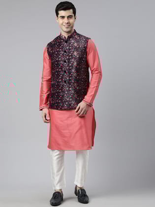 Midnight Blue Velvet  Pashmina Printed  Jacket With Pink Kurta-M/40 / Pajama set