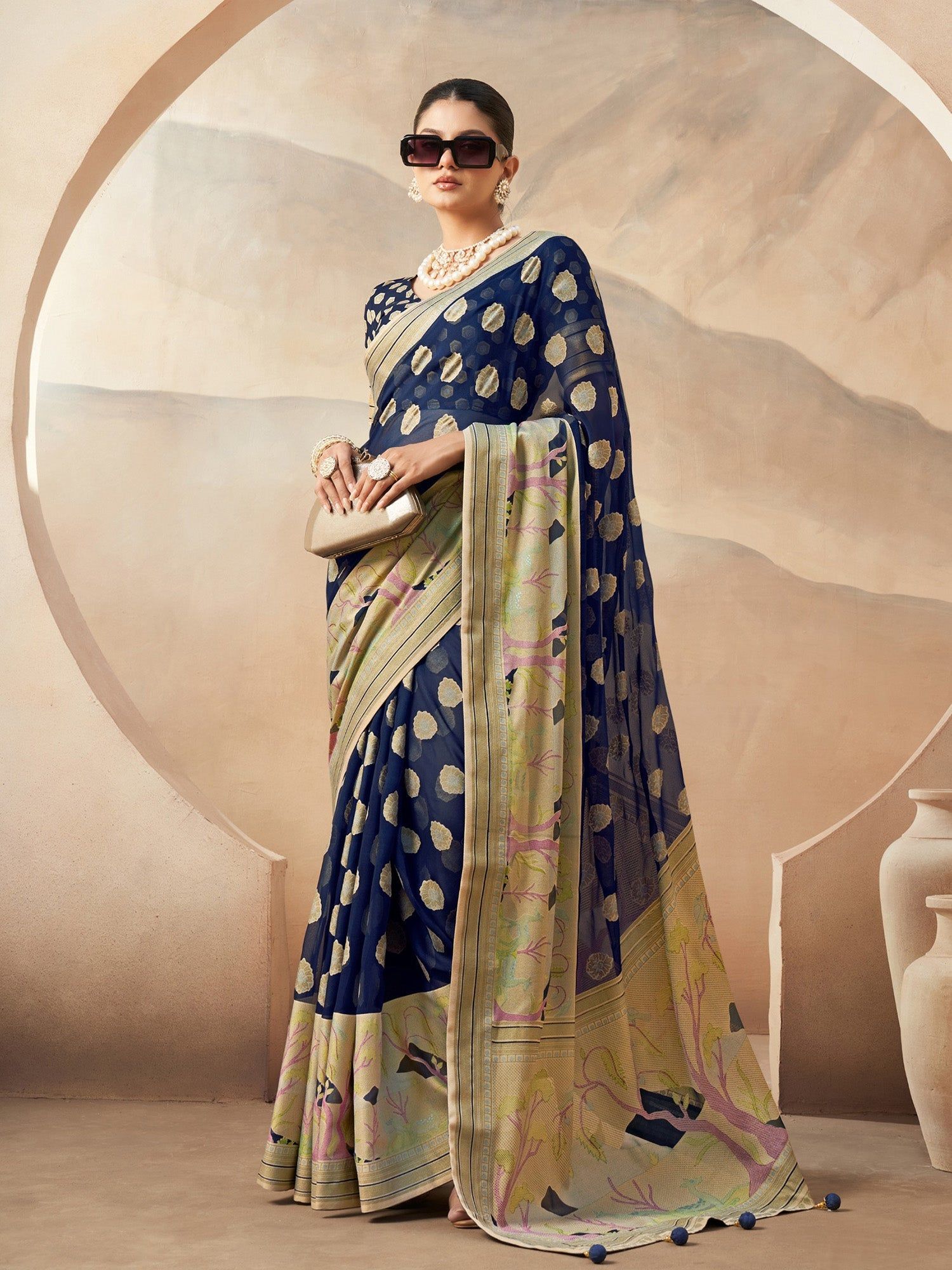 Navy Blue Pure Georgette Floral Printed Saree