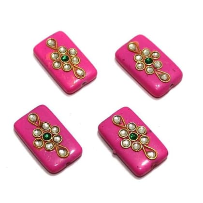 12 Pcs 25x14mm Rectangle Kundan Beads Hot Pink-Pink / Glass