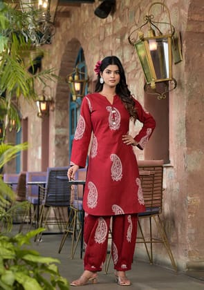 Burgundy Paisley Handblock Co-ord Set-XS
