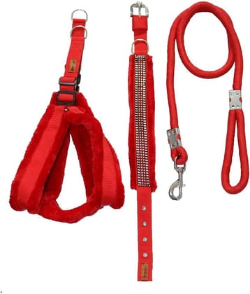 Petshop7 Premium Quality Nylon Fur 1.25 Inch Dog Harness , Collar & Rope Leash( Chest Size - 28 - 35 inch adjustable) Dog Harness & Leash