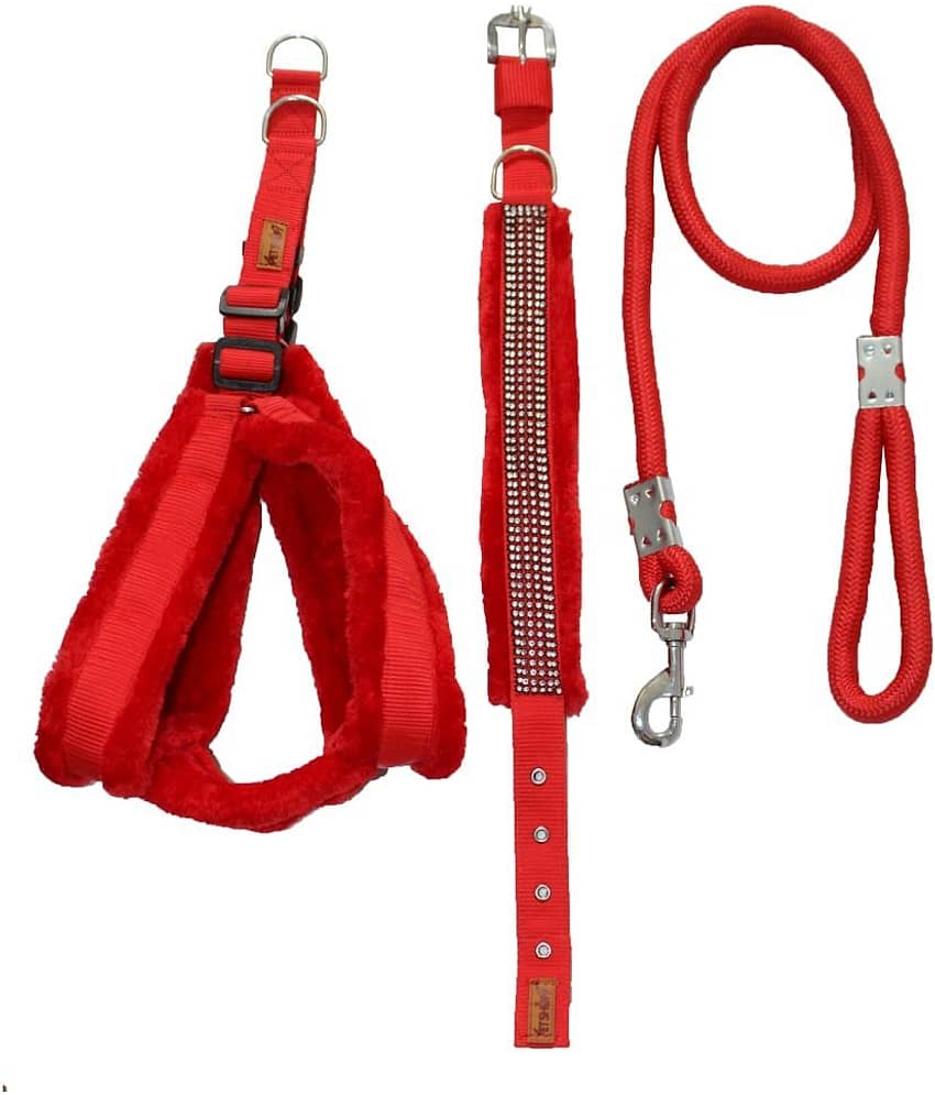 Petshop7 Premium Quality Nylon Fur 1.25 Inch Dog Harness , Collar & Rope Leash( Chest Size - 28 - 35 inch adjustable) Dog Harness & Leash