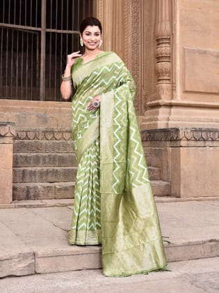 Parrot Green Linen Ikkat Zig Zag Jacquard Weaving Saree