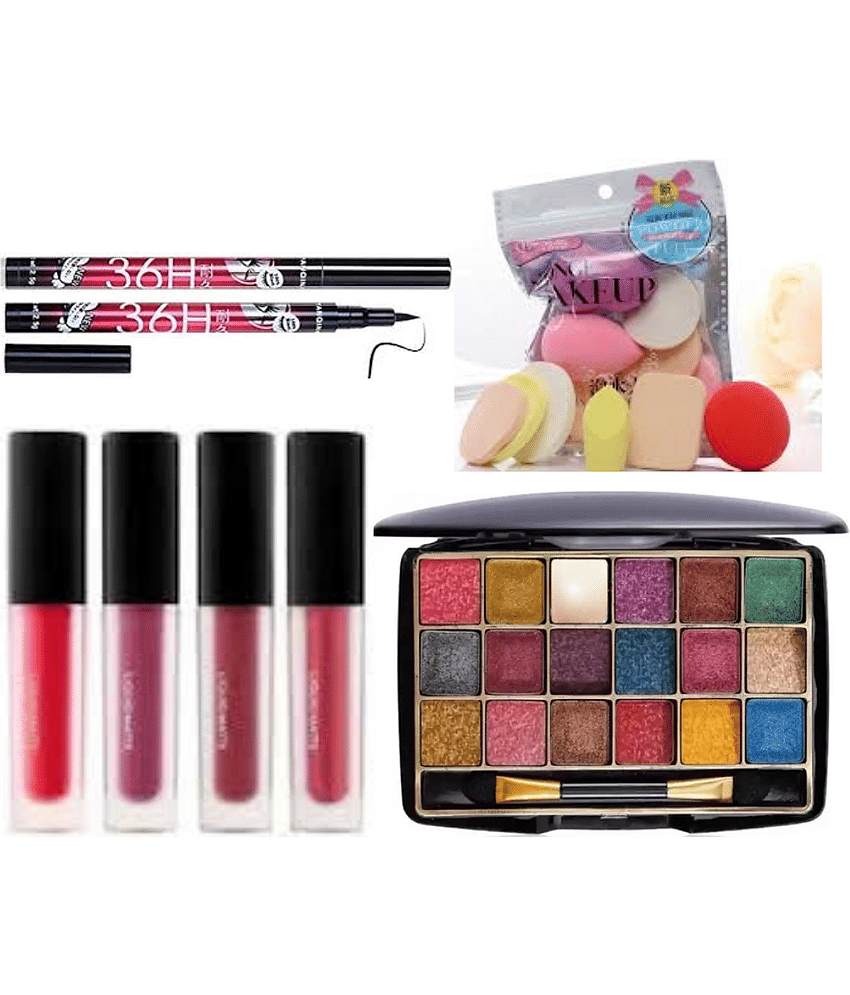 swenky eyeshadow with red edition liquid lipstick eyeliner & beauty blender puff (Pack of 5)