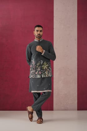 Zaynul - Mirror Work Grey Embroidered Jacket Set-XS/34