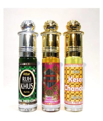 INDRA SUGANDH BHANDAR Attar Ruh Khus, Shamama Tul Amber, Kesar Chandan 3 pc. Combo Concentrated perfume Long lasting Fragrance