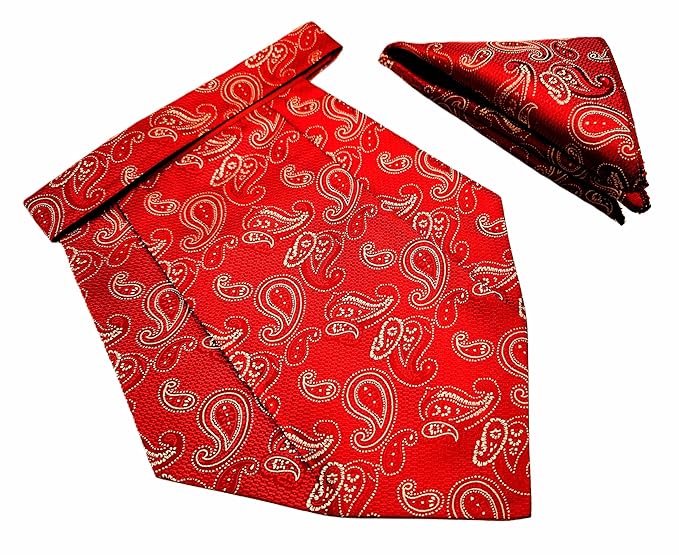 VOICI France Mens Paisley Cravat ascot NeckTie Pocket Square Microfiber Fabric Free Size-Red2