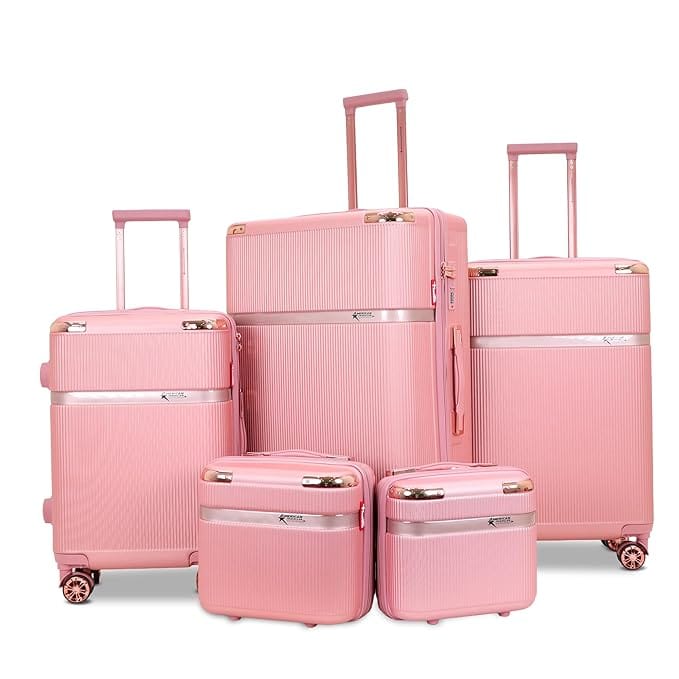 AMERICAN TRAVELLER Urban Gold ABS Hardside Luggage Set, 5-Piece, Grey with Rose Gold Accents, TSA Lock, 8 Spinner Wheels, 730 Days Warranty (5, Rose Pink, T,F,S,M,L)
