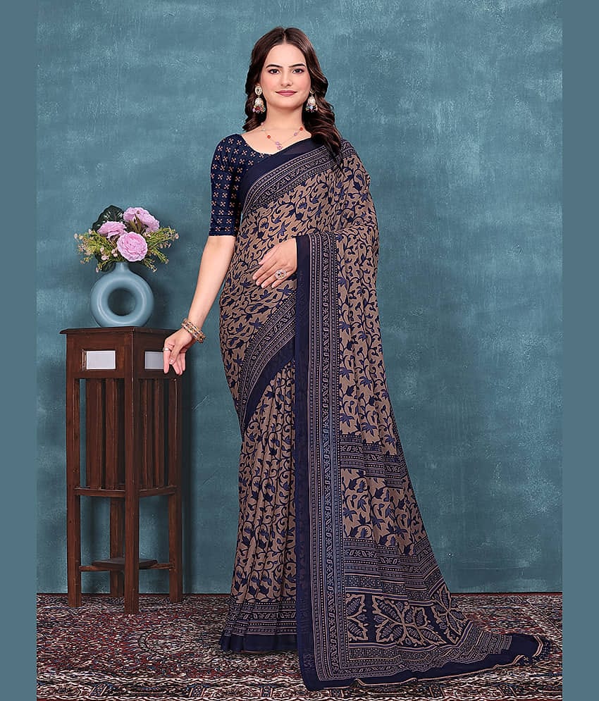 Kanooda Prints Georgette Printed Regular Saree With Unstitched Blouse Piece ( Navy Blue )