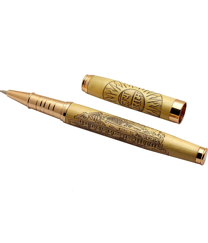 Jai Shree Ram Ayodhya Mandir Engraved On Golden Metal Body Ballpoint Pen Arrow Clip & Blue Refill