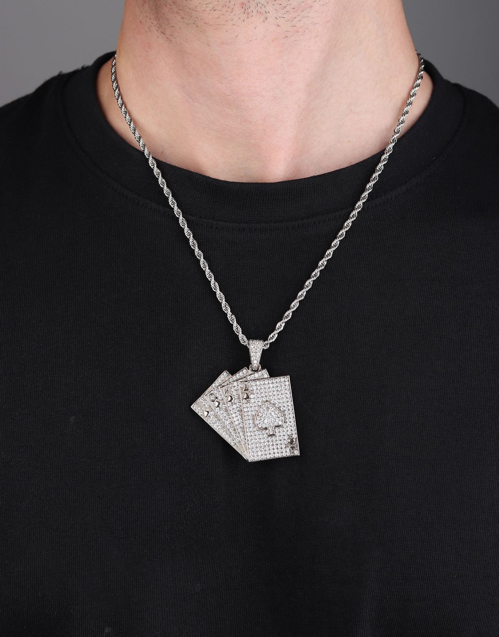 Playing Cards Iced Out Pendant (Sparkling Silver)-With Rope Chain 2.5mm / Sparkling Silver