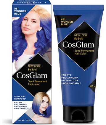 COSGLAM Semi Permanent Hair Color, No Peroxide, Non Oxidative, Ammonia Free Hair Colour 51 Wonder Blue - 120gm