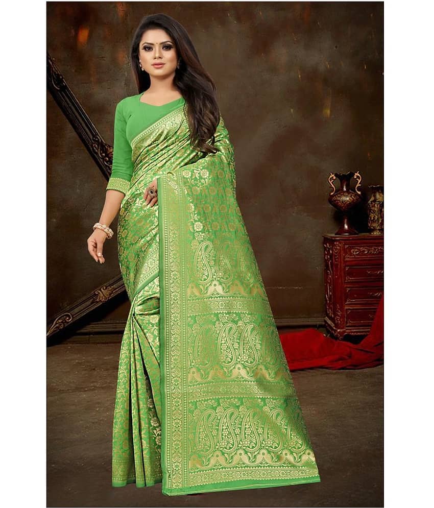 Gazal Fashions Banarasi Silk Saree With Unstitched Blouse Piece ( Green )