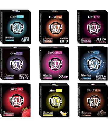 NottyBoy Honeymoon Pack Banana, Chocolate, Strawberry Flavour, 3IN1, Raised Dots, Ultra Ribbed, Long Time, Contoured, More Thin & Lubricated Condoms- 27 Units
