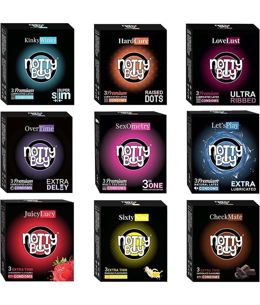 NottyBoy Honeymoon Pack Banana, Chocolate, Strawberry Flavour, 3IN1, Raised Dots, Ultra Ribbed, Long Time, Contoured, More Thin & Lubricated Condoms- 27 Units