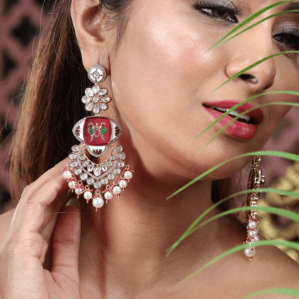Statement Polki Ruby Chandbali Earrings with Pearl Drops