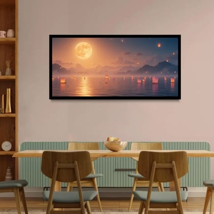 Luminary Moonlit Lanterns – Tranquil Lake Festival Museum-Quality Cotton Canvas Art for Dining Room Décor | Frame Size (127 X 69 Cm) | Frame Type (Black) | 5-Year Warranty