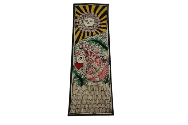 Traditional Madhubani Folk Art Wall Hanging, Hand-Painted Bird and Sun Design, Black Border..